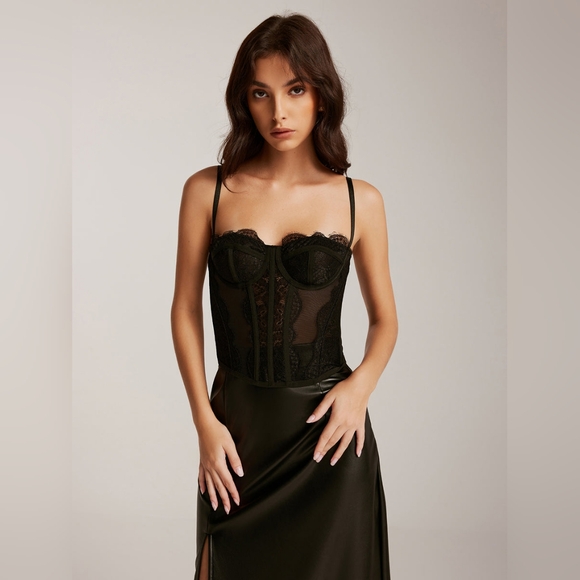 37Q. Nwt Commense Semi-Sheer Spaghetti Strap Lace Corset M Black - Picture 1 of 11